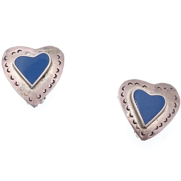 VINTAGE TAXCO MEXICO BLUE HEART CLIP ON EARRINGS - Picture 1 of 6